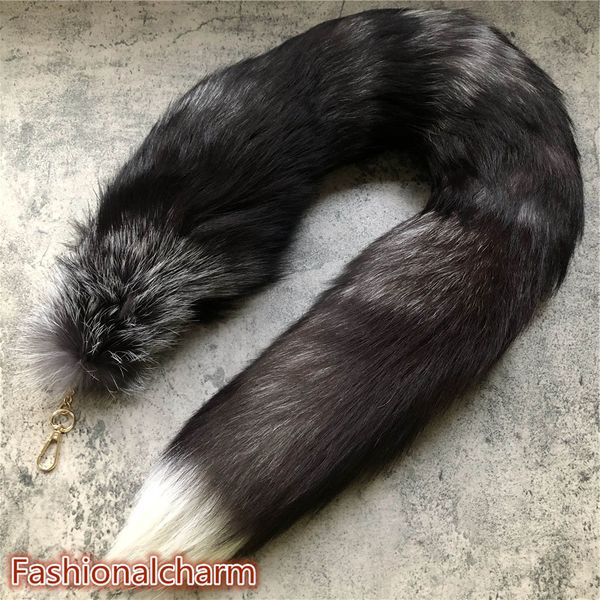 

120cm/47"- long real natural silver fox fur tail keychain cosplay toys keyrings bag charm furry pendant tassels