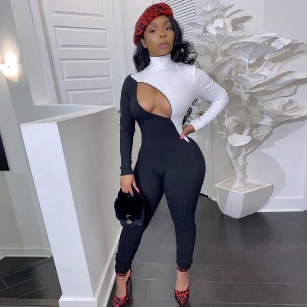 

women's jumpsuits & rompers high waist zip panel long sleeve jumpsuit, Black;white