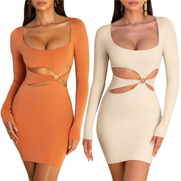 

casual dresses women close-fitting dress solid color u-shaped collar long sleeve apricot/ orange, Black;gray
