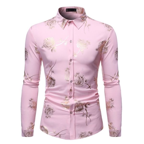 Stilvolle Rose Floral Gold Print Rosa Hemd Männer Slim Fit Langarm Herren Hemden Club Party Hochzeit Camisa Social 210522