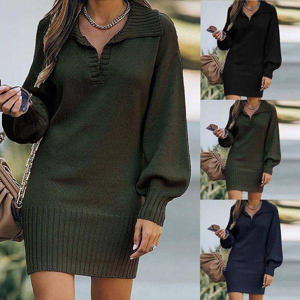 

casual dresses sweater dress women winter long sleeve v collar solid soft pullover vestidos mujer verano 2021, Black;gray