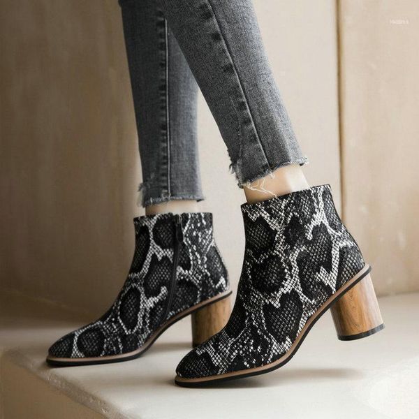 

boots fashion comfortable genuine leather women's ankle elegant round toe thick heels pumps party casual shoes woman11, Black