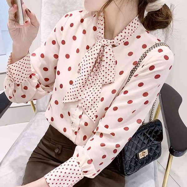 

long sleeve dot chiffon blouse shirt women blouse women blusas mujer de moda bow v-neck women blouses blusa e385 210602, White