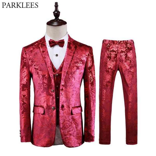 Luxo Vermelho Paisley Floral Steampunk Steampunk 3 Parte Terno Conjunto Homens Casamento Prom Vestido Ternos com Calças Mens Slim Fit Fit Costume Homme 210522