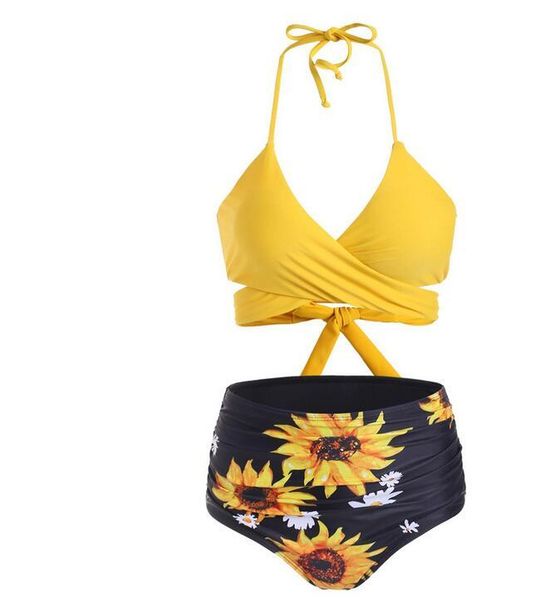 

summer printed new womens sunflower swimwear bikini ladies chest cup tie belt size -xl, White;black