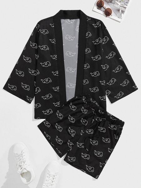 

men clouds print open front kimono & drawstring waist shorts y2if#, Gray