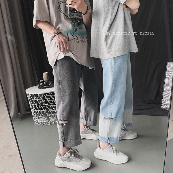 

gradient jeans mens fashion retro casual ripped straight jeans men streetwear wild loose hip-hop ripped denim trousers mens, Blue