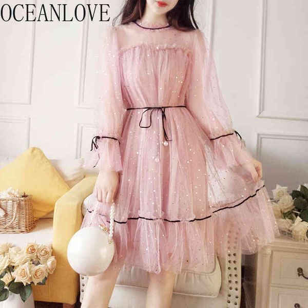 

sequined shiny mesh women dress lantern sleeve high waist vestidos chic korean solid spring dresses sweet 15422 210415, Black;gray