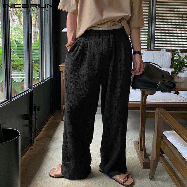 

men's pants men joggers 2021 elastic waist streetwear solid color loose vintage trousers pockets casual wide leg 5xl incerun, Black