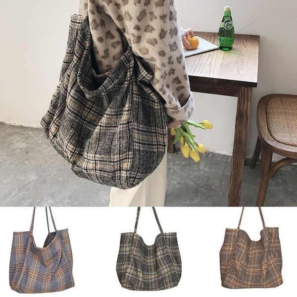 

evening bags women woolen canvas scottish pattern vintage plaid female large capacity big tote handbag ladies casual shoulder bag #25