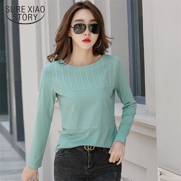 

o-neck tshirt women autumn cotton stitching long sleeve shirt fashion office lady embroidered korean clothes 10852 210421, White