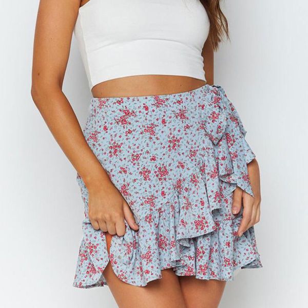 

skirts floral print mini women summer ruffle high waist lace-up short skirt ladies streetwear slim bottoms saias 2021, Black