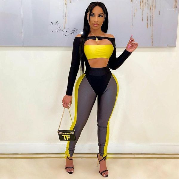

women's two piece pants contrast color stitching tracksuit long sleeve slash neck crop out bodycon legging 2 set 2021 autumn women stre, White