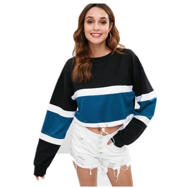 

women's hoodies & sweatshirts color block drop shoulder crop sweatshirt zaful casual stripe streetwear harajuku women clothes 2021 autu, Black