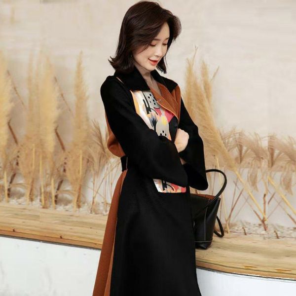 

lapel pocket print button jacket women winter women's autumn and ladies design long double-sided cashmere coat, Black