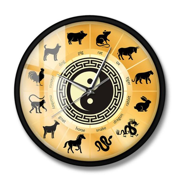 

chinese culture wall art yin and yang circle zodiac sign sheng xiao clock silent non-ticking timepiece clocks
