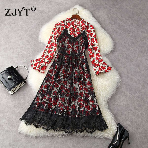 

elegant women spring summer designers flare sleeve floral print lace strap dress 2 piece suit 210601, Black;gray