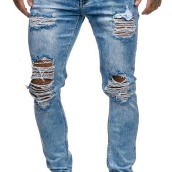 

men's distrressed fashion solid color pencil spring pants luxury mens jeans designer hole washed, Blue