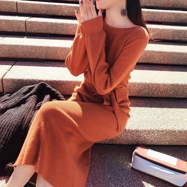 

show thin long sleeve with split accept waist render knitting wool dress is female casual dresses, Black;gray