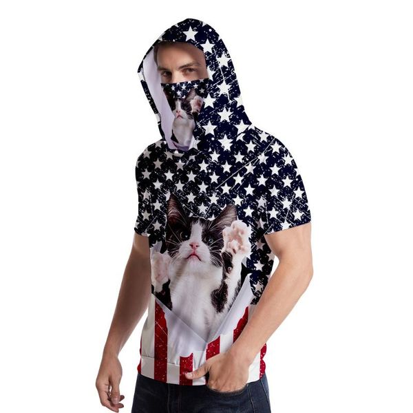 

men's t-shirts short sleeve hooded t shirts harajuku usa america flag gym sportwear mens 3d seamless headscarf hiking fullface shield m, White;black