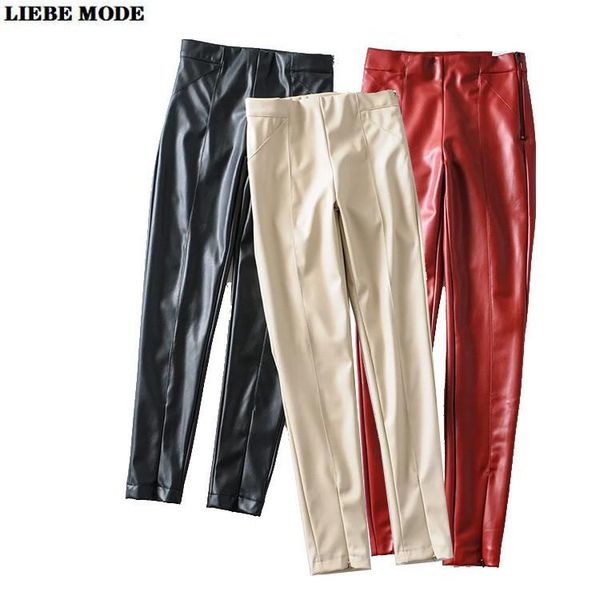 

women's leggings 2021 spring casual faux leather women high waist pu fleece lined pants ladies black beige red stretch jeggings