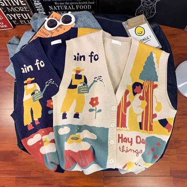 

women's knits & tees vintage v-neck sleeveless knitted cardigan for women loose cute print vest coat fashion new harajuku sweater, White