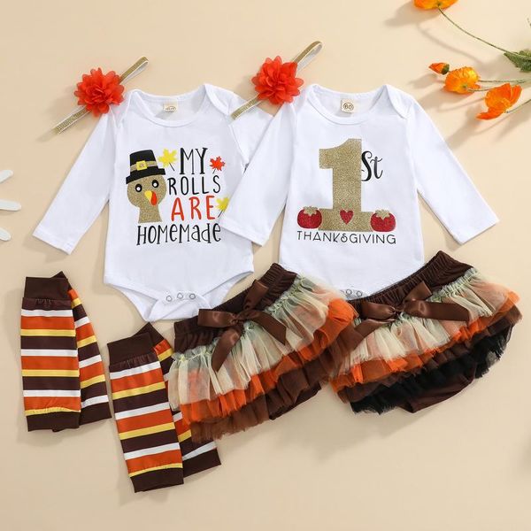 

clothing sets 4pcs kids baby girls 1st thanksgiving outfits long sleeve bodysuit tutu skirt shorts leg warmer headband for toddler 0-18 mont, White