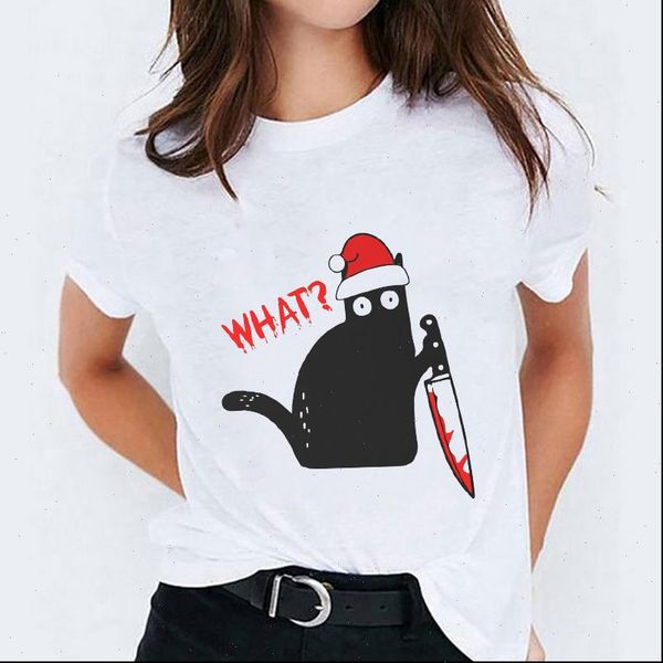 

cartoon cat funny christmas halloween women print graphic tee, White