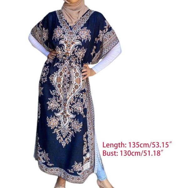 

women islamic muslim hijab maxi dress abaya dubai turkey batwing sleeve v-neck robe vintage floral print cover-up tunic u90e ethnic clothing, Red