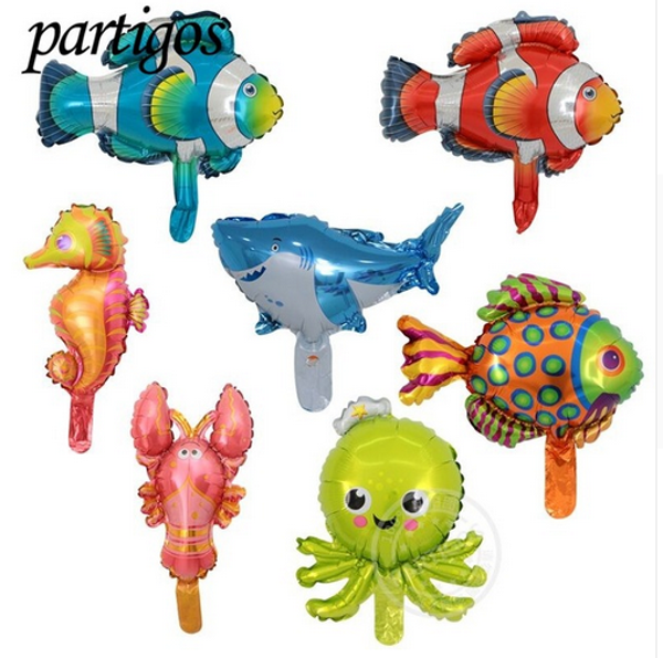 

50pcs/lot mini sea horse shark clown fish animal balloon for children birthday party decor plies foil balloons classic toys