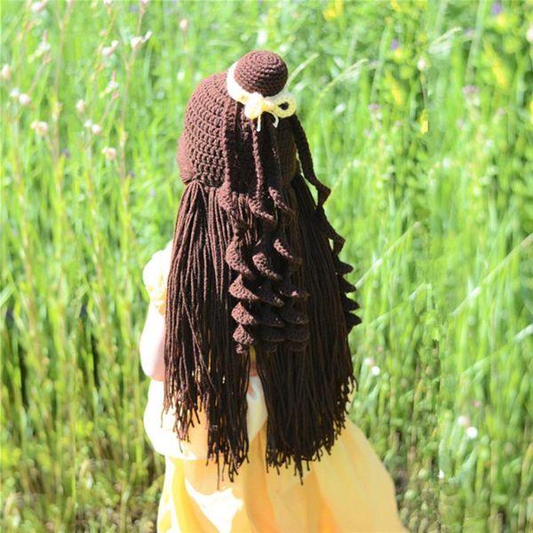 

girls wig knitted hats winter children fake long hair crochet cartoon cute knit warm cap christmas gift #40 caps &, Yellow