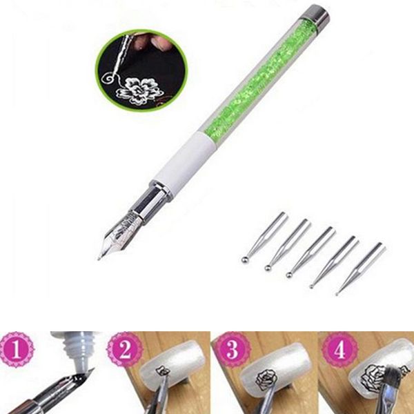 

nail art pen brush 5 dotting head nib rhinestone crystal metal tips painting drawing manicure tool thrk889 kits