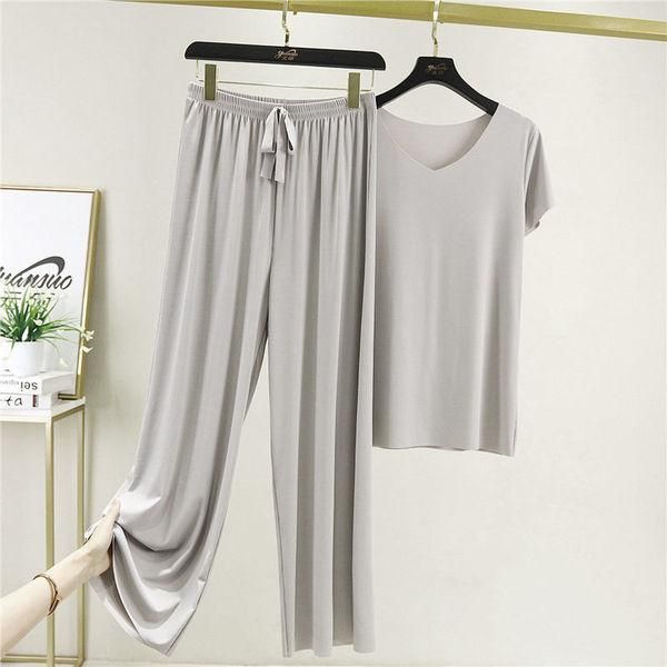 

women's two piece pants summer ice silk tracksuit loose v-neck t shirt + wide leg long suit female solid casual sport set women, White