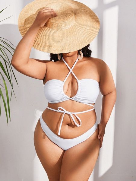 

plus drawstring halter high cut bikini swimsuit 57xy#, Black