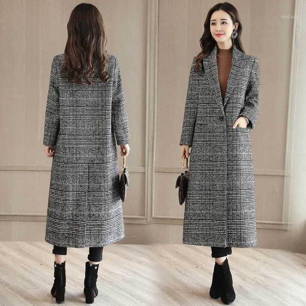 

women's wool & blends jacket women coat autumn and winter loose houndstooth design overcoat woolen for veste manteau femme, Black