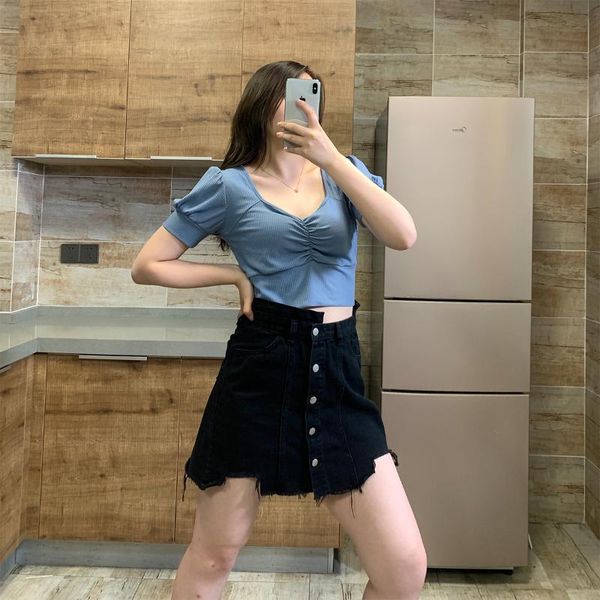 

skirts women korean style single summer breasted high waist denim slim a retro irregular skirt all match student black