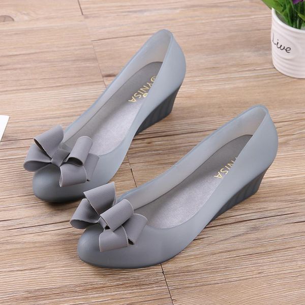

sandals sweet bowknot shallow mouth ladies single shoes spring and summer fashion all-match wedge jelly, Black