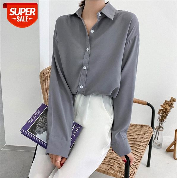 

[ou fan] 6805 solid color long-sleeved shirt women korean women's quality lapel #mz0k, Black;gray