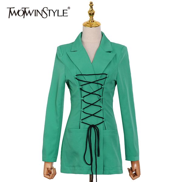 

cross lace up blazer for women notched long sleeve tunic bandage black blazers female fashion style clothing 210524, White;black