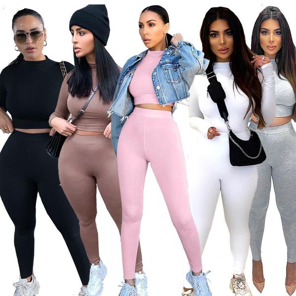 

winter sport fitness 2 women tracksuits two regular piece set outfits long sleeve crop leggings pants bodycon tracksuit plus, Gray