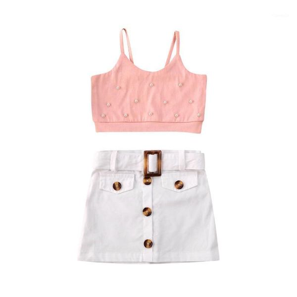

clothing sets 2021 1-6y summer kids baby clothes child girl outfits solid pearl beads camis crop buttons mini skirts 2pcs, White