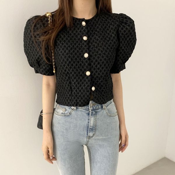 

women's blouses & shirts solid color gentle o neck single breasted puff sleeve ladies shirt summer fashion all-match casual short-, White