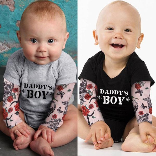 

born infant baby boy tattoo print long sleeve patchwork romper bodysuit summer clothes kleding meisje ropa one-pieces, Black
