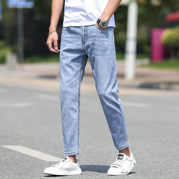 

men's jeans 2021 autumn nine-point men clothing stretch cotton mid-waist thin section youth korean slim straight casual pants, Blue