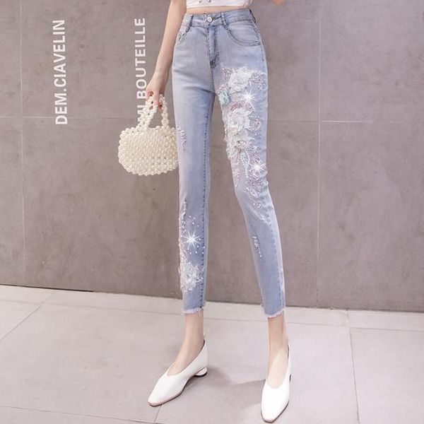 

women's jeans 2021 arrival women temperament high waist skinny pencil denim trouser office lady embroidered flares washed pants t233, Blue