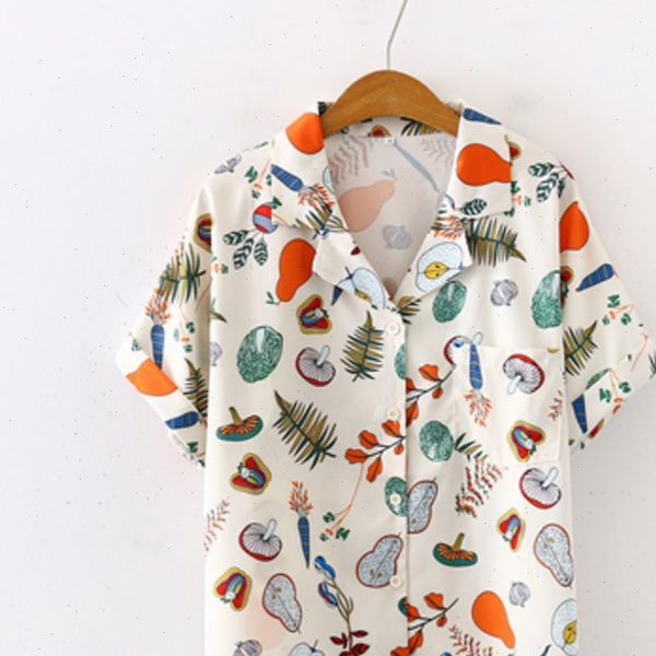 

summer fruit and vegetable print womens blouses notched chiffon button up chic shirts streetwear elegante plus size, White