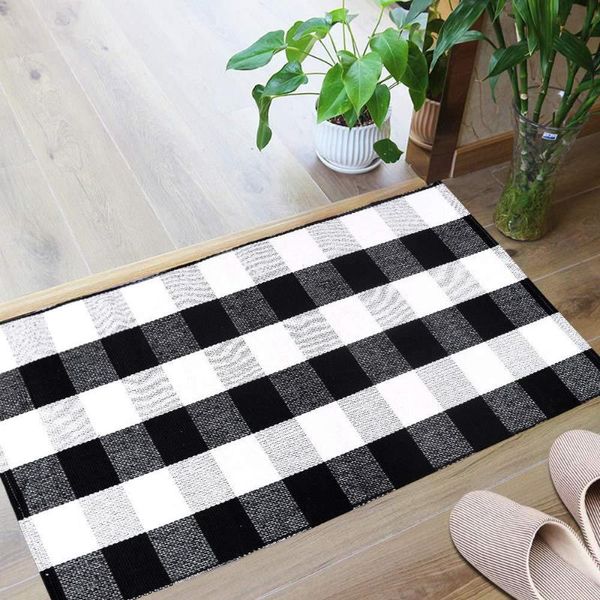 

carpets cilected black and white plaid woven carpet anti-slip kitchen bathroom dinning room floor mat cotton durable home decor