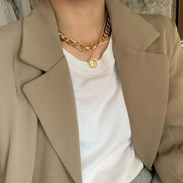 

chokers european and american trend selling models ins retro portrait exaggerated thick chain hip hop necklace clavicle female, Golden;silver