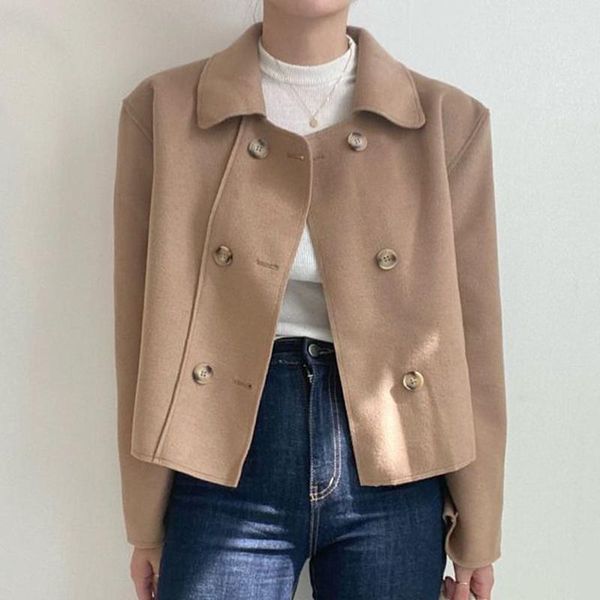 

women's wool & blends [ewq] korean chic autumn winter lapel double breasted loose long sleeve small khaki short woolen coat women fashi, Black