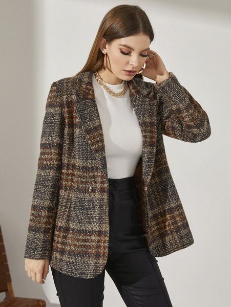 

plaid double button tweed overcoat 89gm#, Black